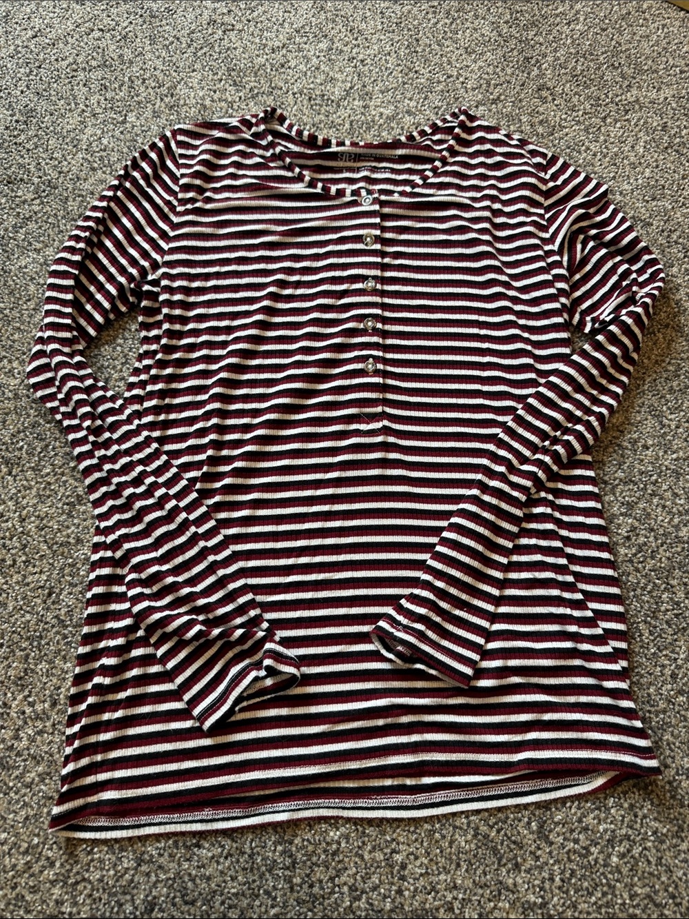 Albion Striped Long-Sleeve Henley Top - Burgundy, Black & White